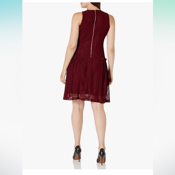 Gabby Skye Burgundy Red Sleeveless Lace Overlay Drop Waist Dress Size 14 - Picture 2 of 15